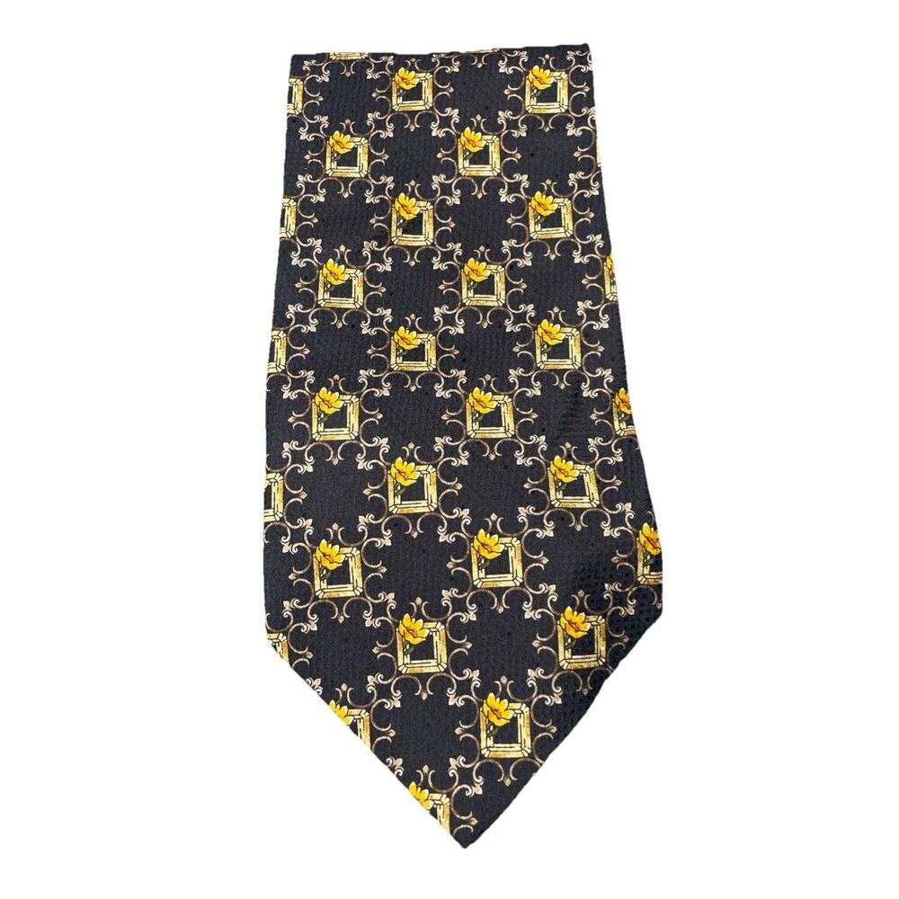 Valentino Cravatte 100% Silk Tie Italy Adorned Frames with Yellow Flowers Black